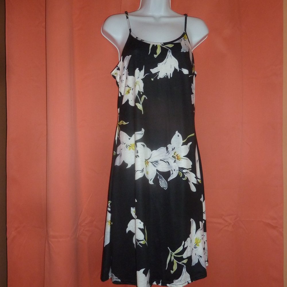 Floral Summer Dress, Black with White Lilies, Sleeveless, Adjustable Straps, M L